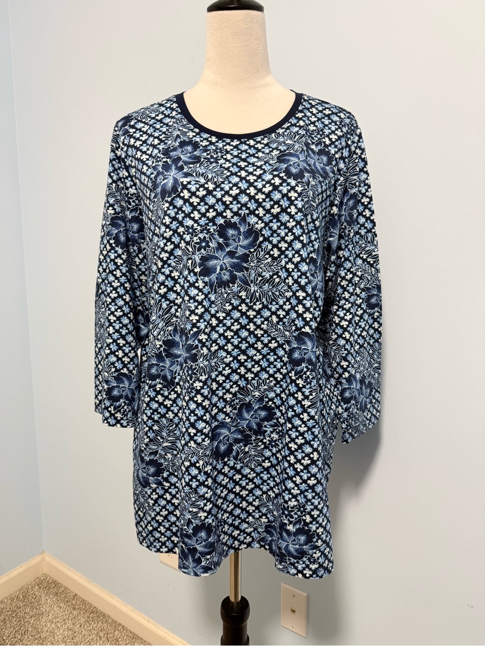 Lands’ End Women’s 3/4 Sleeve Floral Print Cotton Top Size L New